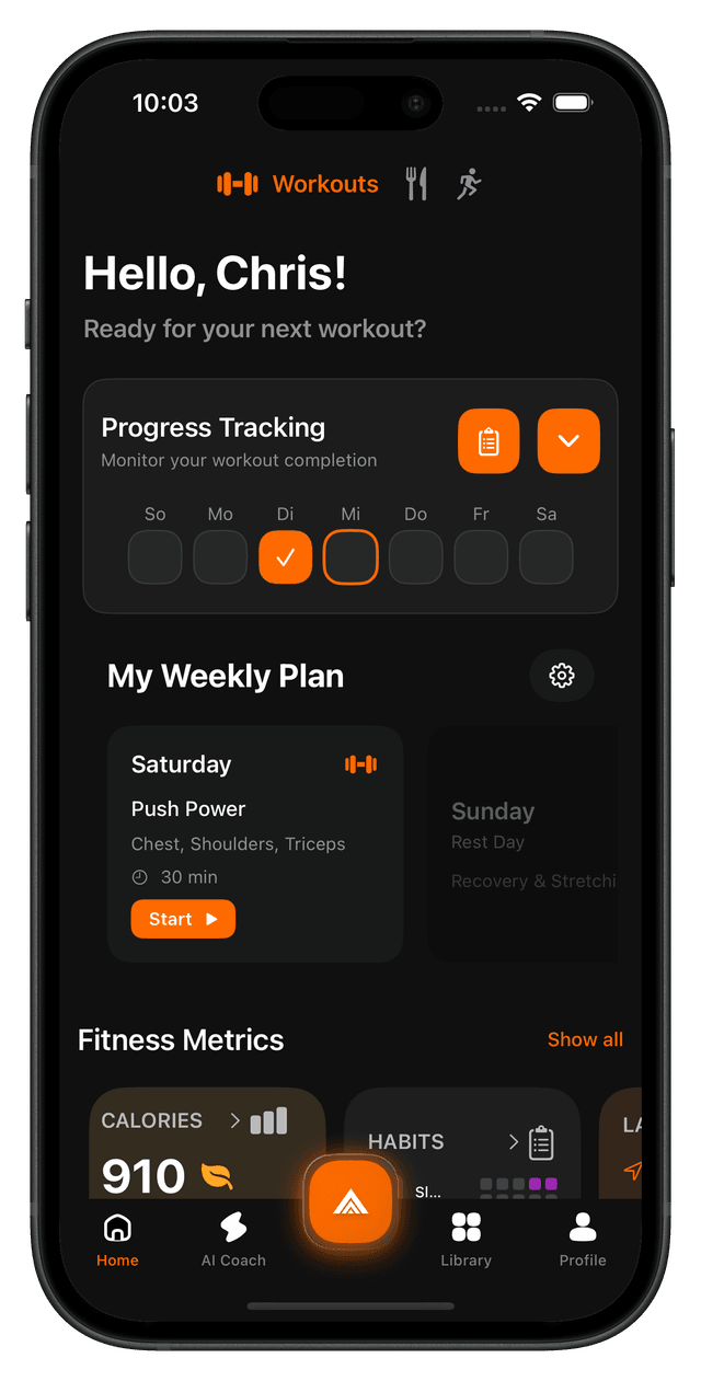 Elevate AI Fitness App Interface - Personalized workout planning and nutrition tracking dashboard